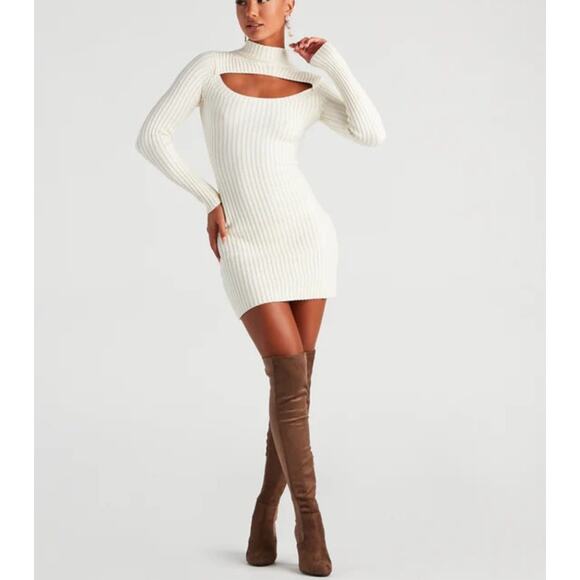 Windsor - Bliss Cut Out Rib Sweater Dress in Cream - Picture 4 of 4